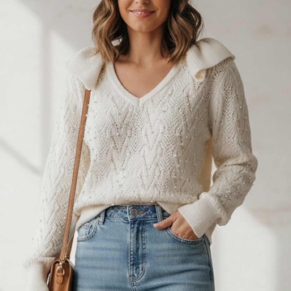Industry Women's Faux Pearl Ruffle V-Neckline Pointelle Sweater Size M Feminine
